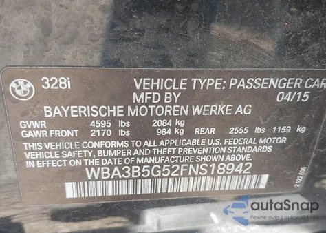 2015 BMW 328I xDrive from USA, damaged, VIN WBA3B5G52FNS18942